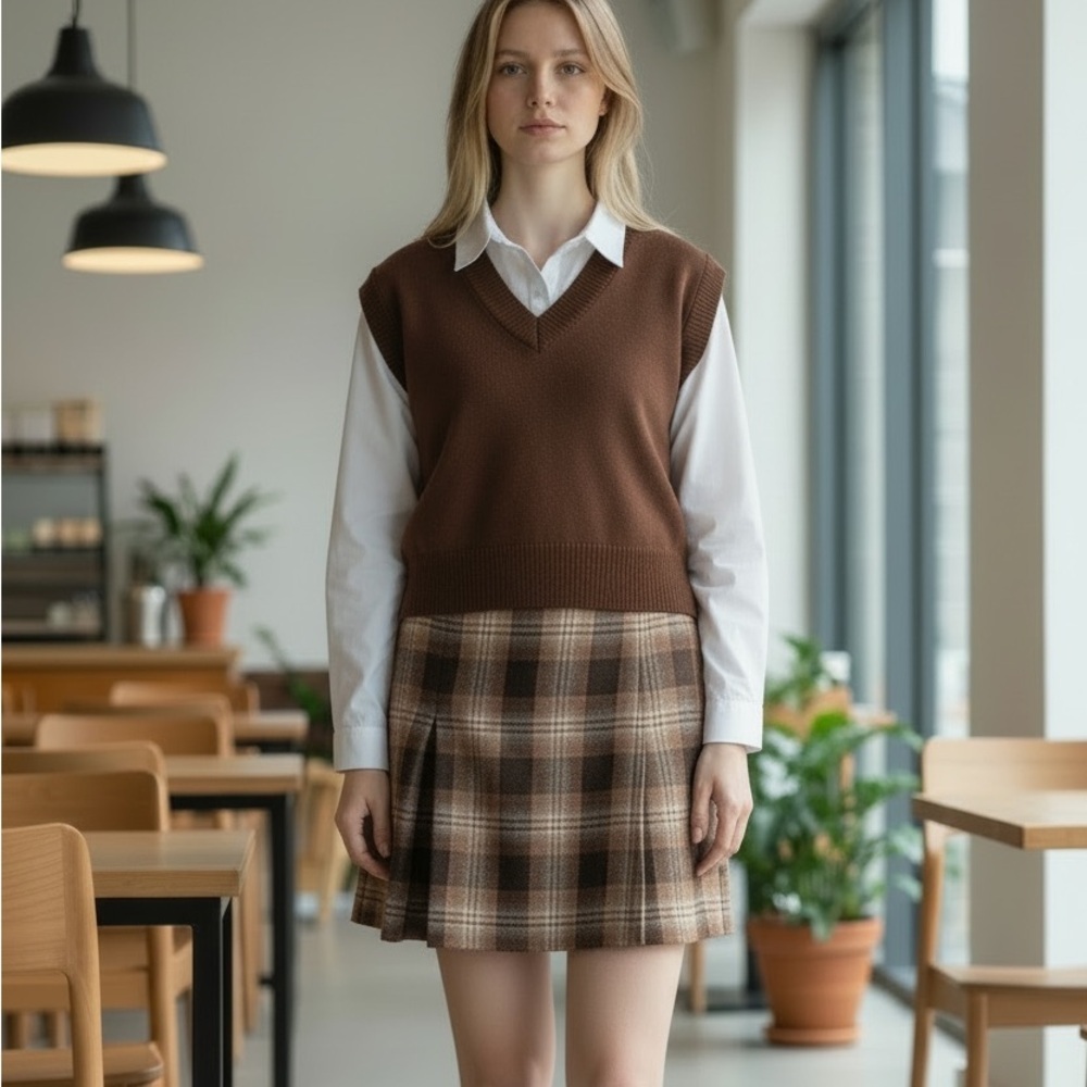 Steilmann Vintage Fall Plaid Wool Blend Brown Knee Length Tailored Skirt